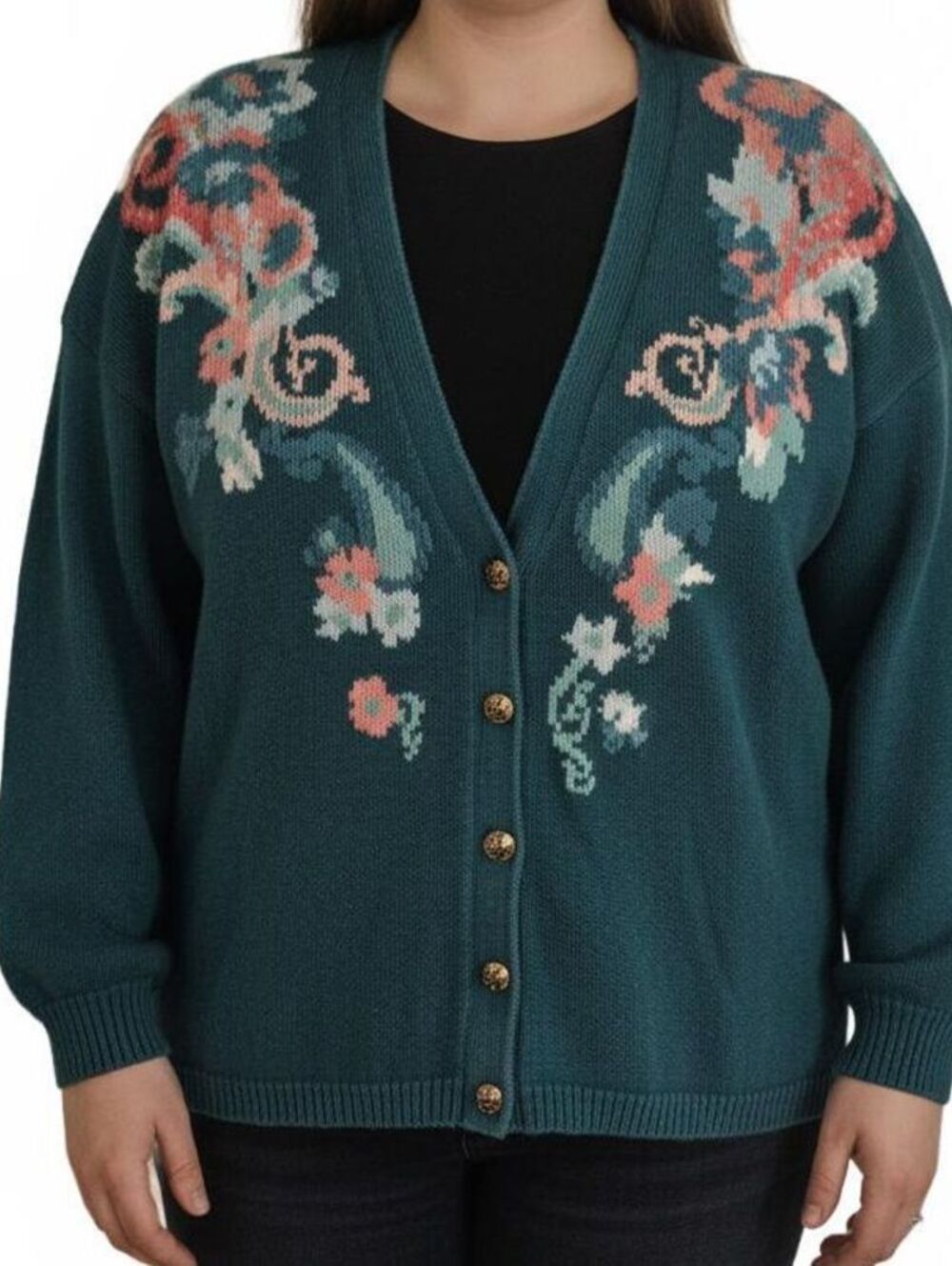 Maggie Lawrence Womens Sz 22/24 Button Up Knit Cardigan Sweater Teal Floral